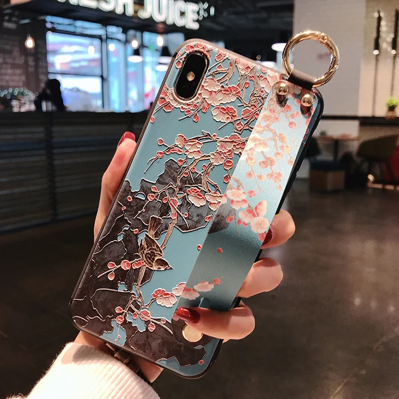 Kuutti Squishy Vintage Chinese Painting 3D Flower Women Girl Phone Cases with Wrist Band Covers for iPhone 6 6s 7 8 Plus X |