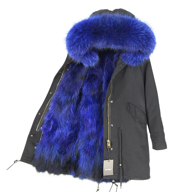 long black blue Натуральный мех пальто зимняя куртка женская длинная парка водостойкий большой натуральный енот меховой капюшон, воротник толстый теплый натуральный Лисий Мех Лайнер - Цвет: long black blue