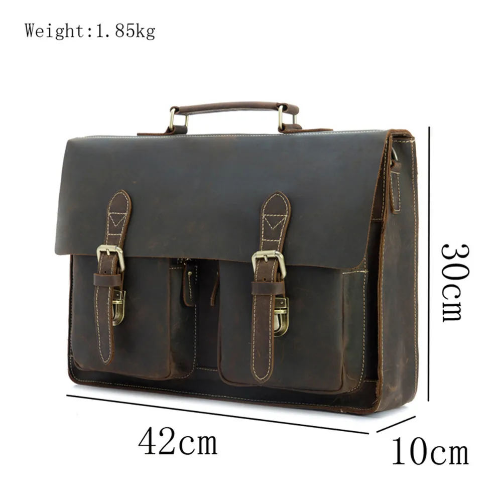 Men's Crossbody Laptop Bag Genuine Leather Business Briefcase Crazy Horse 15.6 Inches Handle Handbag Male Messenger Shoulder Bag