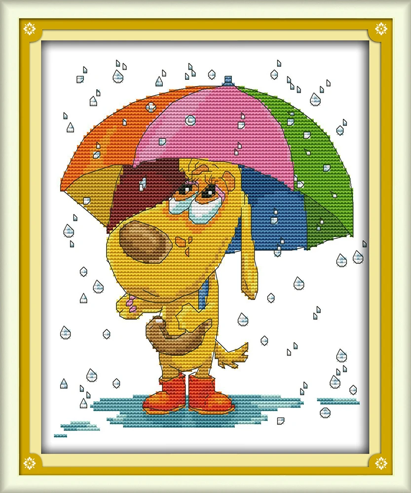 

Waiting in the rain cross stitch kit cartoon animal dog pattern printed cloth DIY hand embroidery set craft handmade needlework