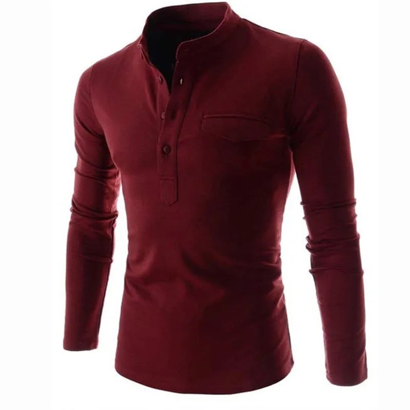 Wine Red Дизайн, однотонная мужская рубашка Поло, модная серая рубашка поло со стоячим воротником и длинным рукавом, Повседневная рубашка Хенли с фальш-карманом - Цвет: Wine Red