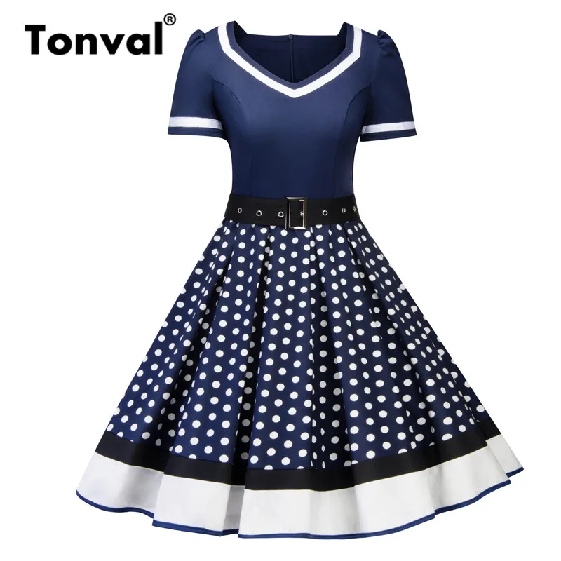Тёмно-синий Tonval винтажное красное платье в горошек 1950s с коротким рукавом контрастного цвета, элегантное плиссированное платье в стиле ретро - Цвет: Тёмно-синий