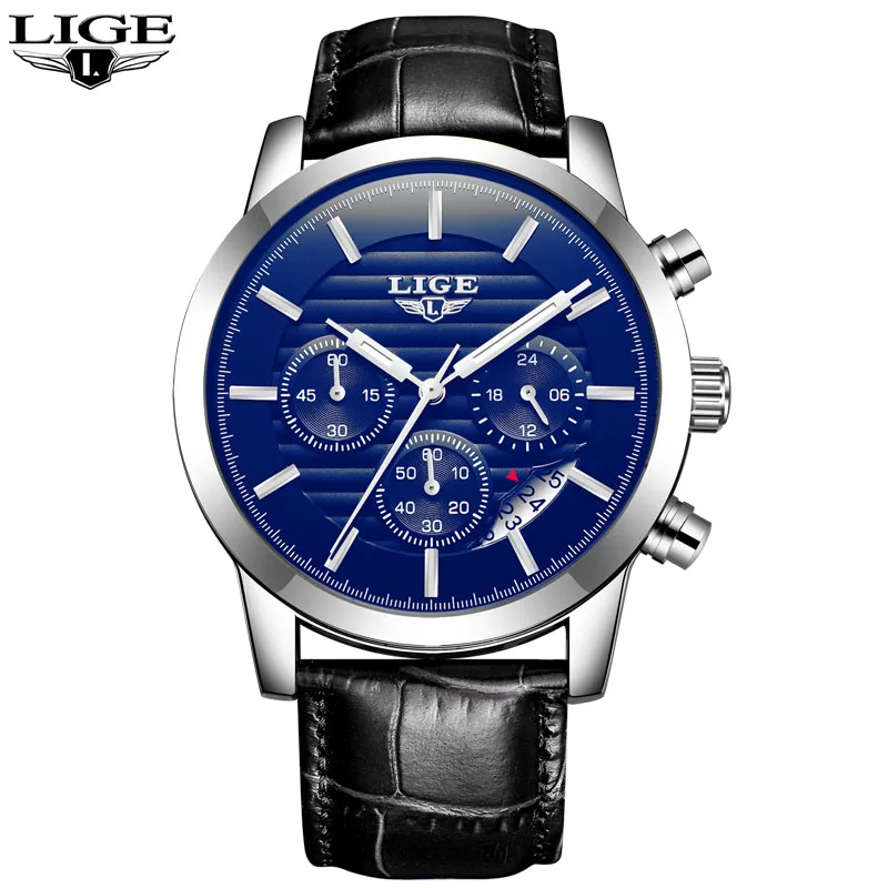 Silver blue Часы LIGE мужские s часы лучший бренд класса люкс Бизнес Кварцевые наручные часы мужские повседневные кожаные водонепроницаемые спортивные часы Relogio Masculino - Цвет: Silver blue