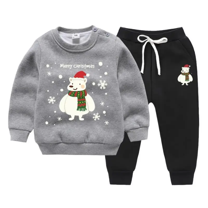 Dark grey Коллекция года, осенне-зимние модные костюмы для мальчиков и девочек детские рождественские комплекты из чистого хлопка, двухслойные бархатные утепленные комплекты одежды - Color: Dark grey