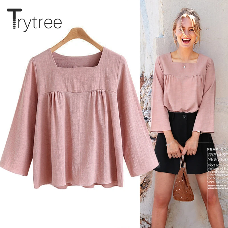 Trytree Весна Лето Топ Женская футболка Повседневная хлопковая льняная рубашка