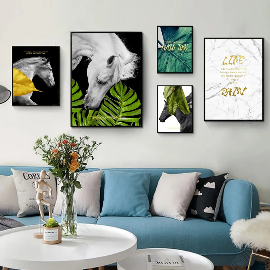 White Horse Monstera Palm Leaf Marbled Wall Art Canvas Painting Nordic Posters And Prints Pictures For Living Room Decor | Дом и сад