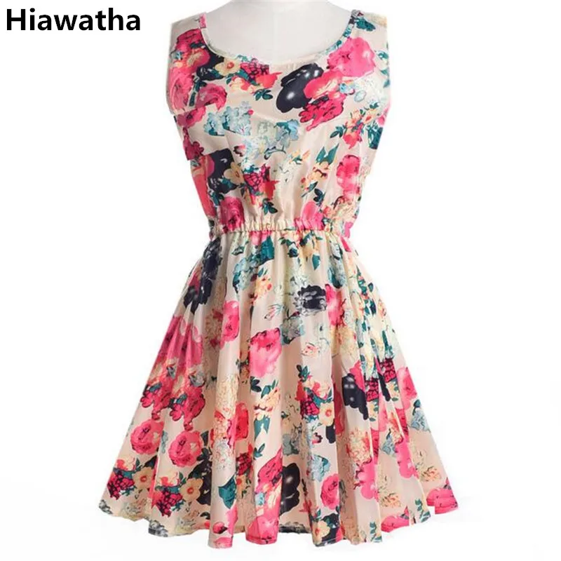 

Hiawatha Summer Dress For Women Sleeveless Flower Printed Mini Dresses Casual Chiffon Elastic Waist Fmninina Vestidos L8100