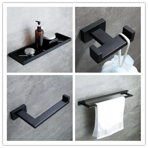 

Matt Black Wall Mount Stainless Steel 4-Piece Bathroom Accessory Set Towel Bar Towel Rack Paper Holder Robe Hook Bathroom shelf-