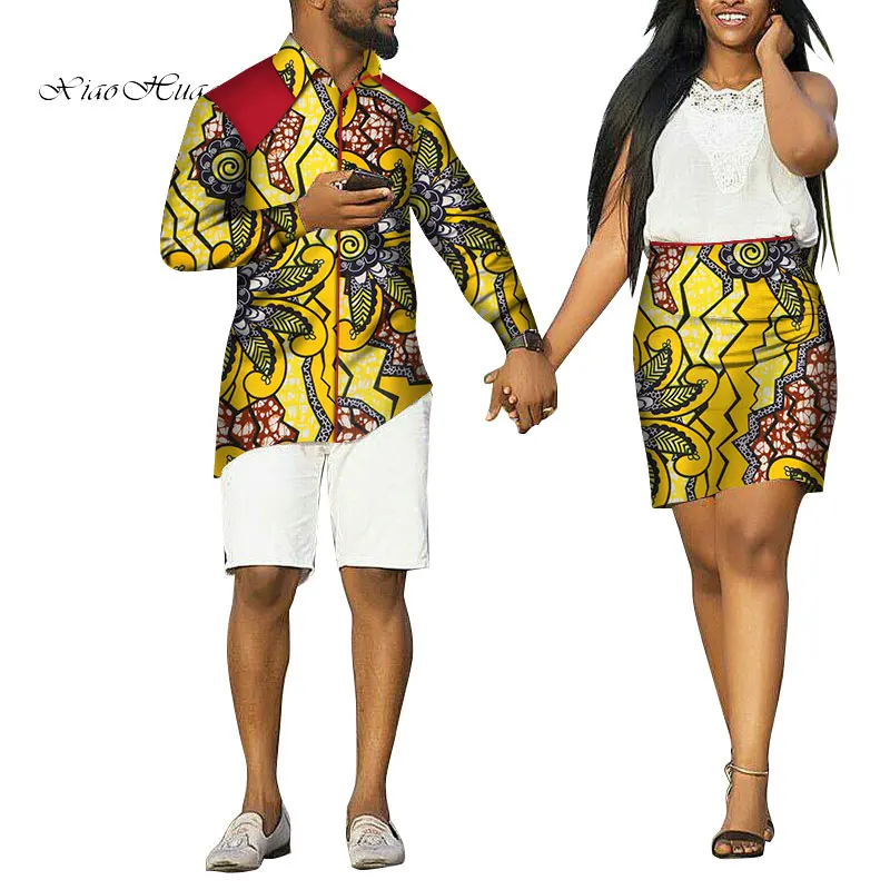Summer Lovers Couple African Clothes Gift Valentine' Day Long Sleeve Mens Shirt Coat and Women Skirt Causal Set Plus Size WYQ190
