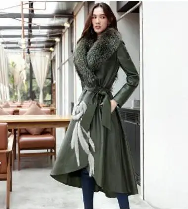 ArmyGreen Кожаная женская куртка, новинка, Зимняя женская куртка с воротником из настоящего лисьего меха, пальто для девушек, тонкая Длинная кожаная ветровка - Цвет: ArmyGreen