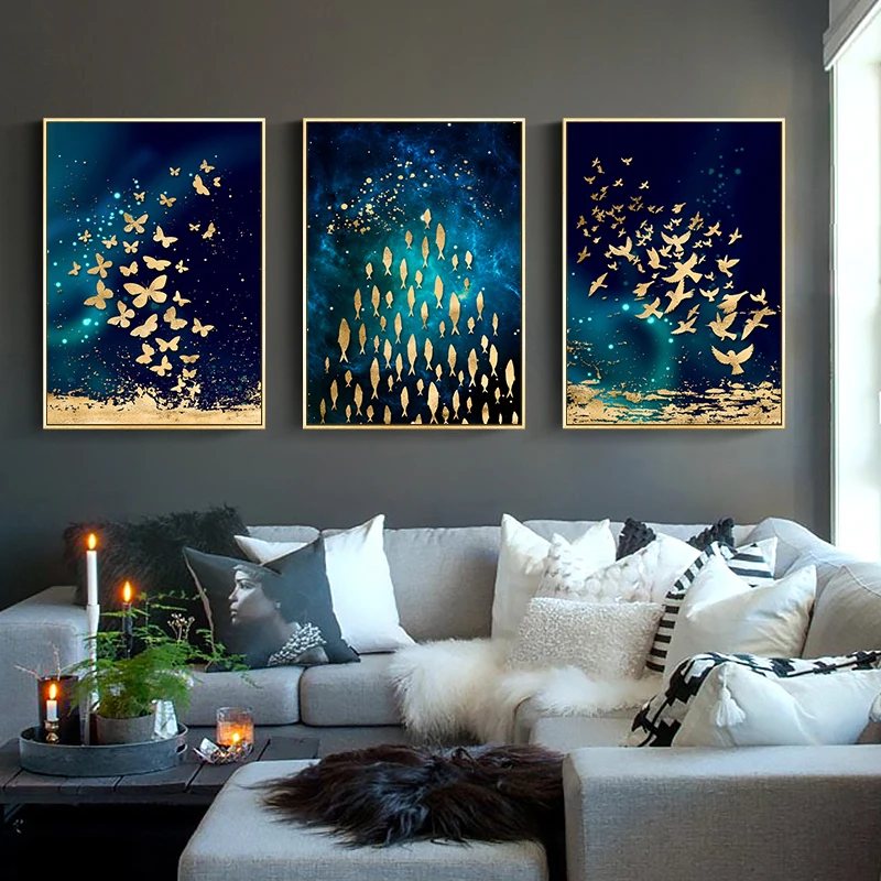 Golden Fish Butterfly Bird Wall Art Canvas Abstract Painting Modern Home Decor Posters and Prints Decoration Picture Living Room |