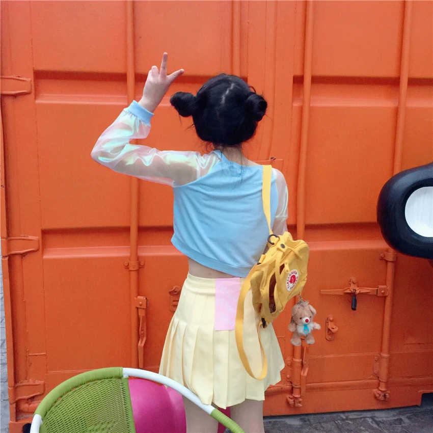 Новая весенняя Футболка Harajuku с надписью, полупрозрачная, цветная, психоделическая, короткая, с длинными рукавами, летняя модная футболка