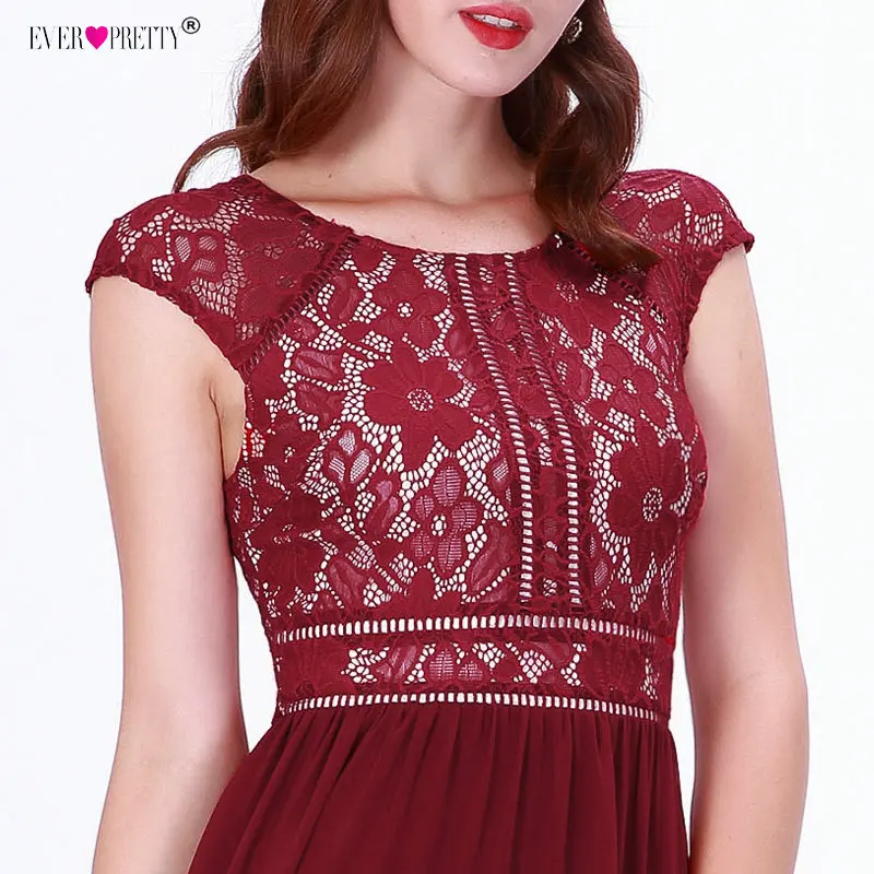 Бордовые Вечерние платья Длинные Ever Pretty EZ07718 Для женщин шифоновое платье трапециевидной формы без рукавов Кружевное платье с круглым вырезом вечернее пикантное вечернее платье