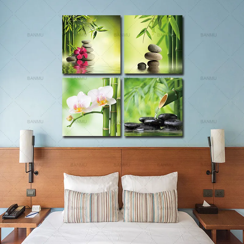 Nvas Wall Art Современный домашний декор Печать на холсте жикле Расслабляющая энергия спа камни бамбук зеленый в сад поток воды Ca