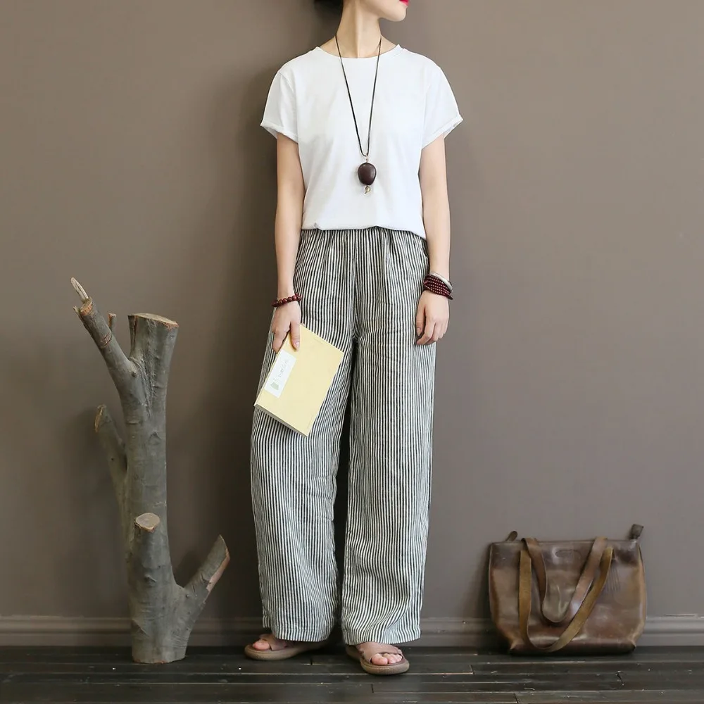 

Women Vertical Striped Loose Pants 2018 Autumn Black and White Striped Mid Elastic Straight Trousers Women Full Workwear Pants