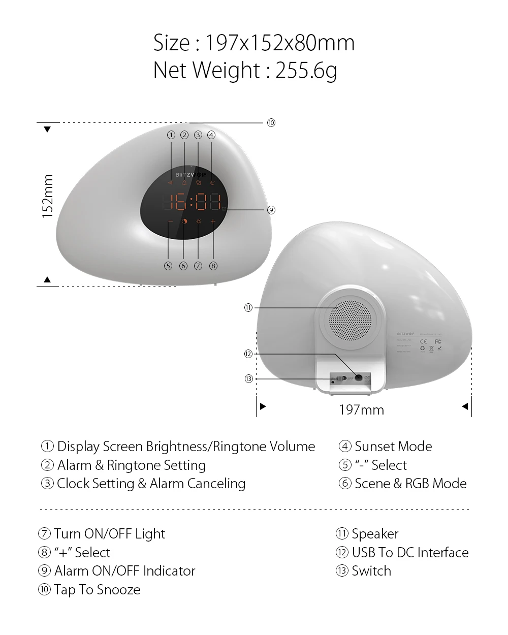 Alarm Clock Wake up Light Sunrise Sunset Simulation with 10 Nature Sounds 7 Colors Light Touch Control RGB Dimmable Night Lamp