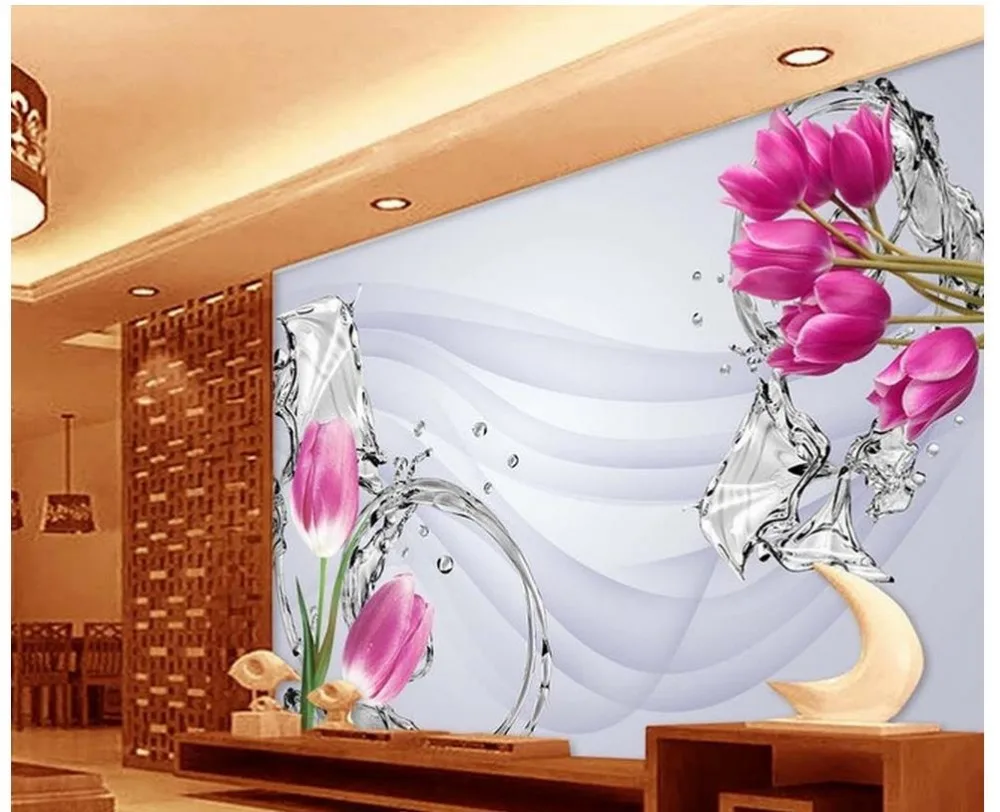 Обои фрески 3d обои цветок воды Розовый тюльпан фон стены объемный с картиной |