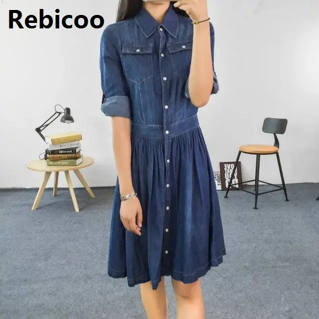 Женское джинсовое платье размера плюс плиссированные тонкие Летнее