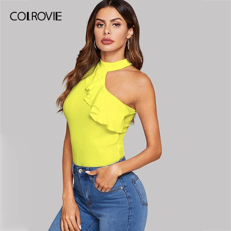 COLROVIE, асимметричный женский топ с рюшами, лето, гламурные элегантные офисные женские жилеты плотной посадки с вырезами