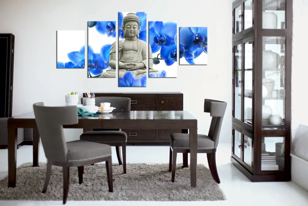 Синие цветы и статуя картины Будды для гостиной Настенная картина маслом Будда