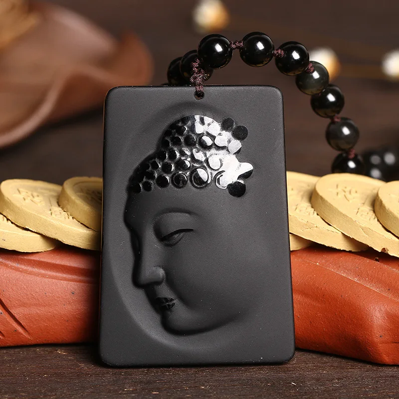 Подлинный натуральный матовый черный обсидиан Guanyin подвеска с боковым