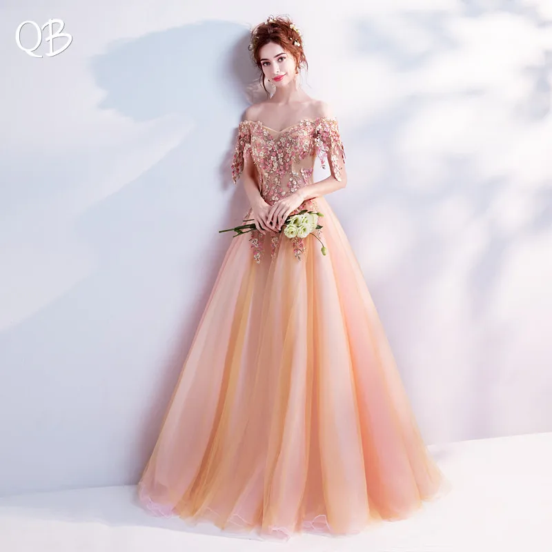 ТРАПЕЦИЕВИДНОЕ Тюлевое кружевное длинное вечернее платье с цветами и бусинами