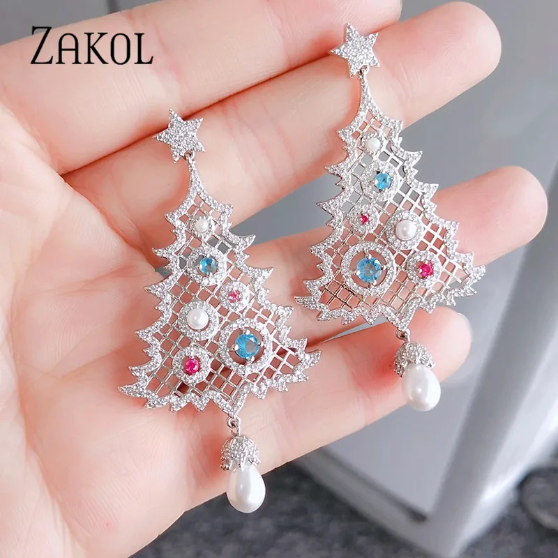 ZAKOL модные серьги с фианитом в форме рождественской елки большие капельки для