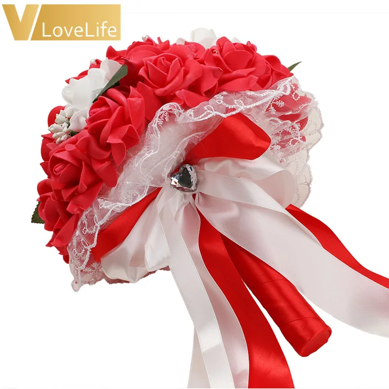 Свадебный букет держащий цветы лента фуксия/слоновая кость/белая ПЭ Роза