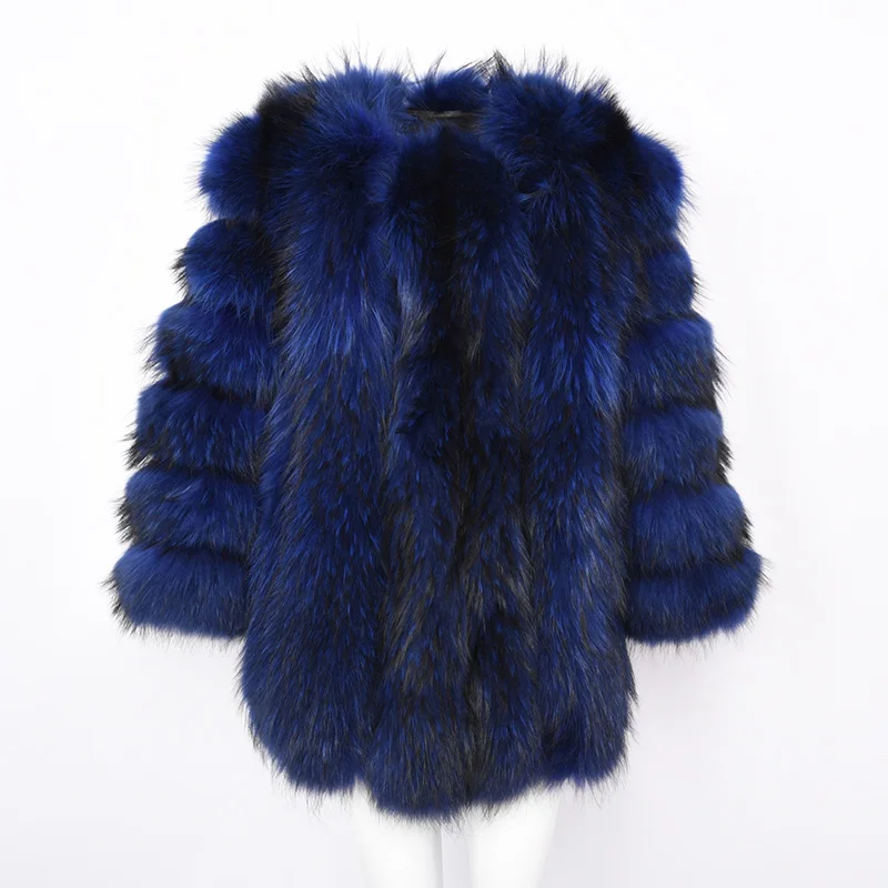 Raccoon Royal Blue Женское роскошное пальто из натурального Лисьего меха, Высококачественная куртка из натурального меха енота, Женская Классическая стильная зимняя Толстая теплая куртка S7158B - Цвет: Raccoon Royal Blue