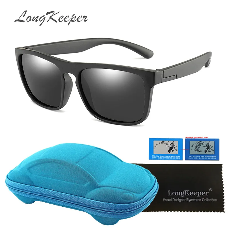 black grey Longkeperer квадратные поляризованные солнцезащитные очки для детей с чехлом покрытие зеркало силиконовые TR90 очки детские Gafas de sol Box UV400 - Цвет линз: black grey