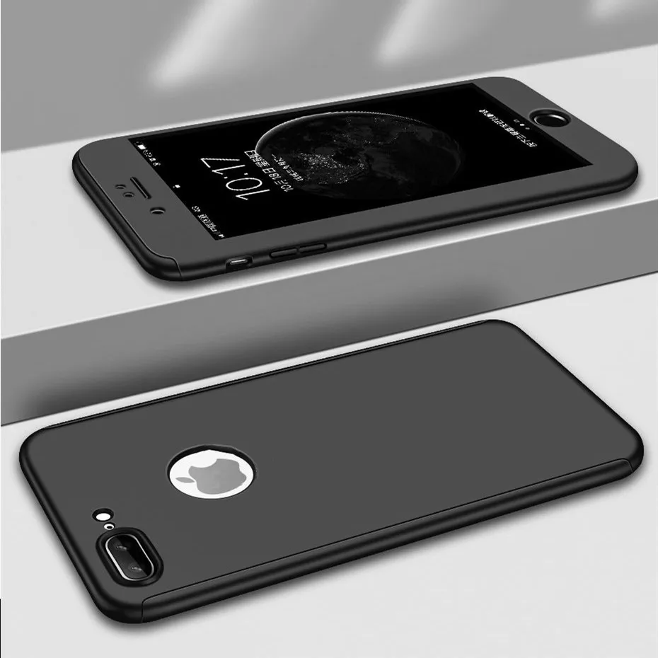 black 360 градусов полный защитный чехол для iphone X 5 5S SE чехол для iphone XR 11 Pro XS Max 6 6S Plus 7 8 Plus Жесткий PC чехол со стеклом - Цвет: black