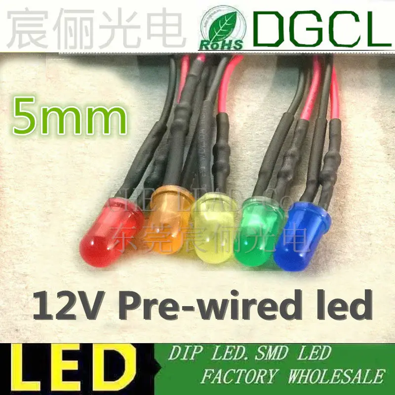 100 шт. DC12V/24 V Предварительно проводной светодиодный рассеянный красный/зеленый/синий/желтый/белый 5 мм круглый светодиодный 20 мм светодиодный для погружения индикатор предварительно смонтированный светодиод