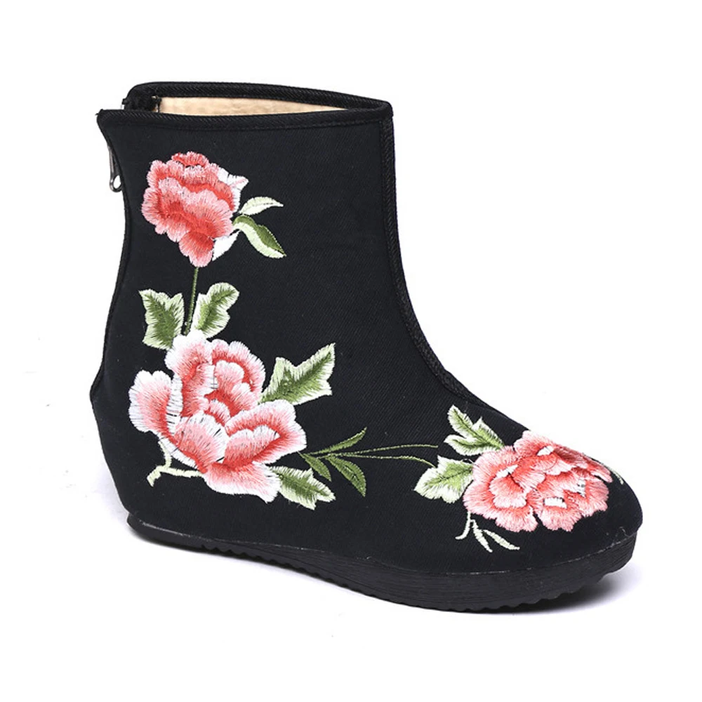 Винтажные повседневные ботинки средней высоты с вышивкой; botas femininas De Inverno; женские парусиновые туфли-лодочки на танкетке и каблуке - Цвет: ZBT033