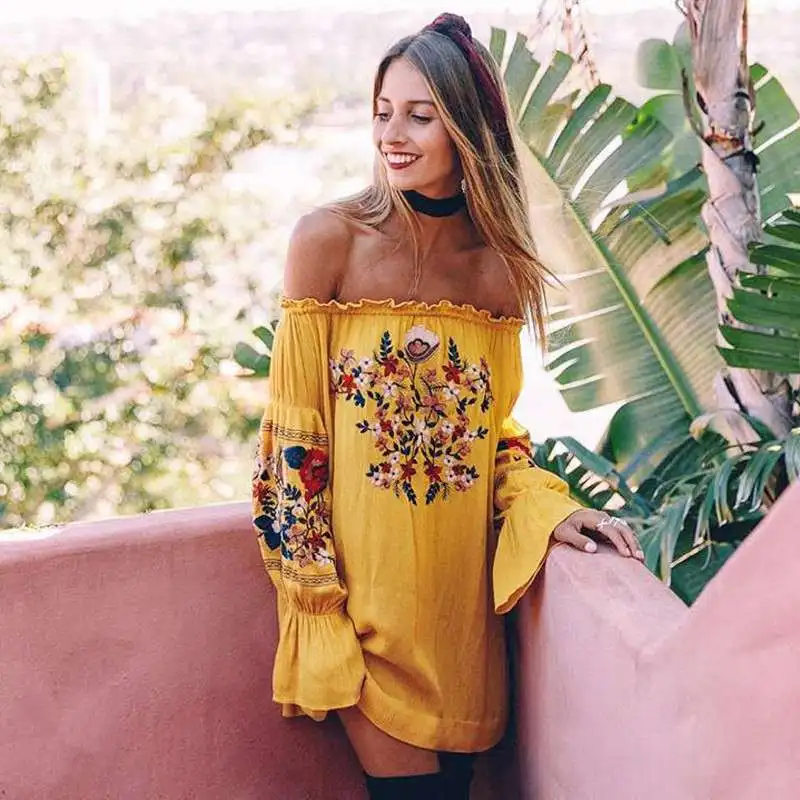 Женское винтажное платье с цветочной вышивкой Пляжное длинным рукавом и вырезом