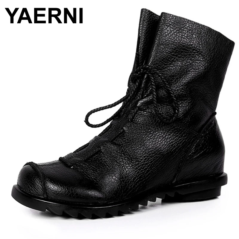 YAERNI/ г. Женская модная Винтажная обувь из натуральной кожи женские зимние сапоги до середины икры на платформе женские повседневные ботинки на шнуровке