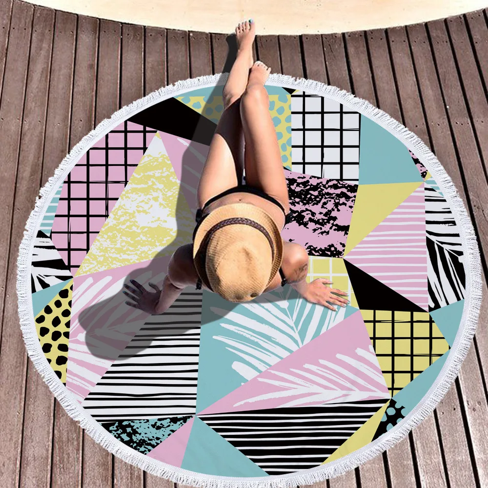 Fashion Sunbathe Round Tassels Beach Towel Large Microfiber Plant Printed Yoga Mat Serviette De Plage Toalla Circle Playa shawl | Дом и сад