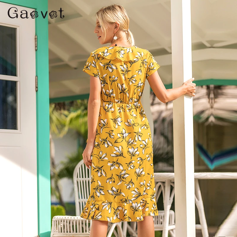 Gaovot 2019 летнее женское платье с цветочным принтом оборками и глубоким v-образным