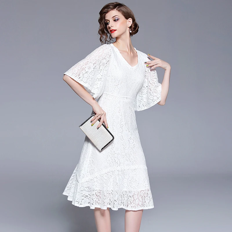 

Flare Short Sleeve White Lace Dress Women Hollow Out Slim Casual Dress 2018 Summer Fashion Sexy Elegant Dress Lady Vestidos