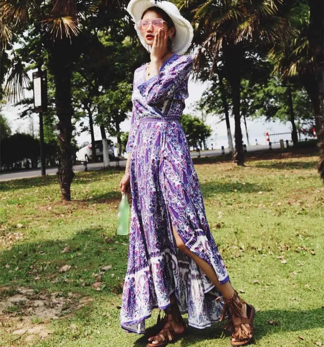 Женское пляжное платье с v-образным вырезом Boho винтажное длинное поясом и