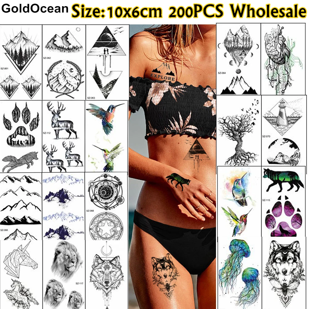 GoldOcean 200 Pieces Wholesale Temporary Tattoo Sticker 10x6cm Fake Triangle Flower Animal Tatoo Men Women Body Art Tattoo Paste