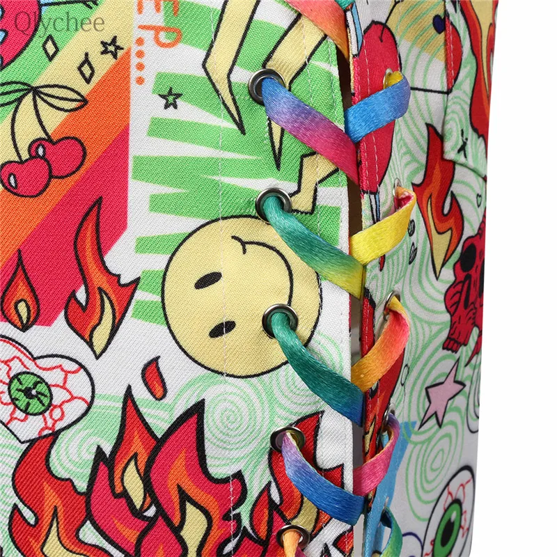 Qlyhchee Cartoon Scrawl Cross Lace Up Skirt Zipper Button Waist Women Mini Skirts Spring Summer Casual Sweet Female Short | Женская