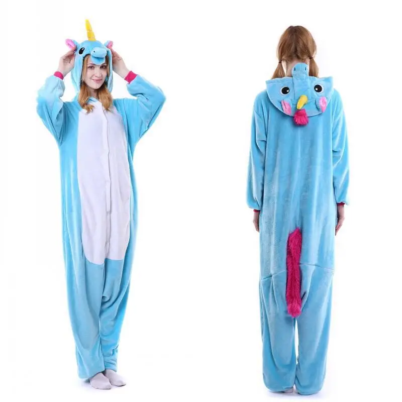Blue horse Зимние пижамы с единорогом, стежка, пижама с животными, пижама Кигуруми для женщин и мужчин, унисекс, фланелевая ночная рубашка для взрослых, комплекты домашней одежды - Цвет: Blue horse