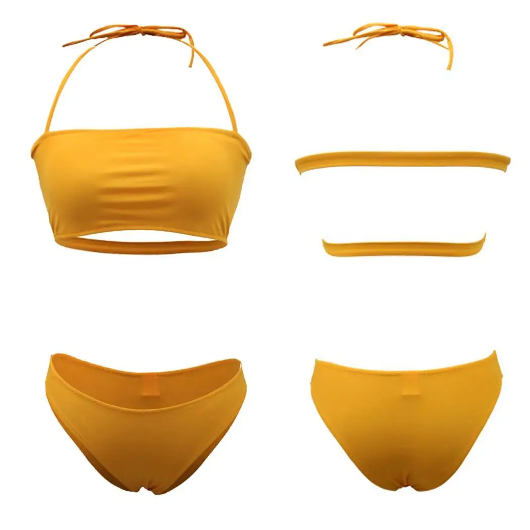Women Halter Neck Adjustable Spaghetti Strap Yes Back Buckle Solid Bottom Fashion Summer Bikini Set Beach |