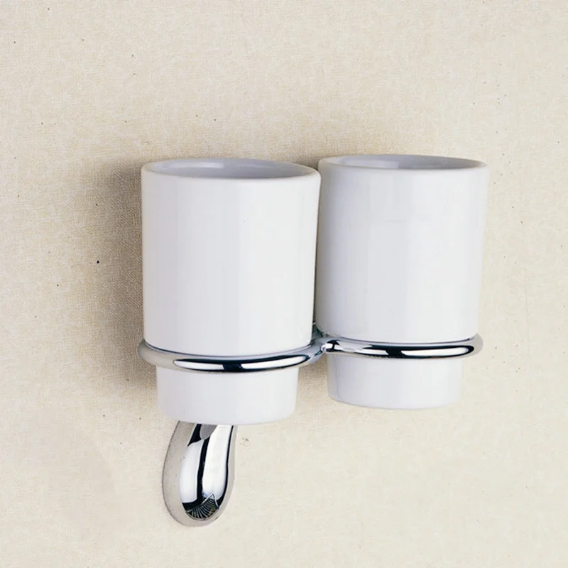 Double Cup Holder Хромированный набор оборудования для ванной комнаты, латунный дозатор мыла для душа, кольцо для полотенец, крючок для халатов, вешалка, настенный держатель для туалетной щетки и бумаги - Цвет: Double Cup Holder