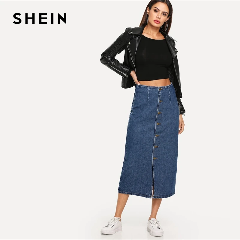 SHEIN Длинная Джинсовая Юбка На Пуговицах, Джинсовая Юбка В Стиле Кэжуал, Офисная Джинсовая Юбка