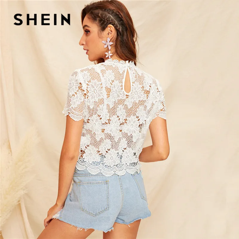 SHEIN кружевная блузка без бюстгальтера с вырезом-лодочкой на спине, женская одежда, летняя сексуальная прозрачная белая блузка, одноцветные женские топы