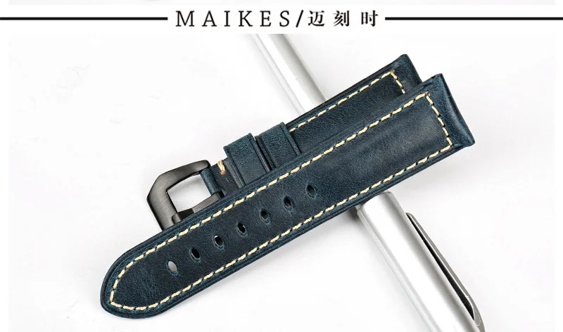Аксессуары для часов MAIKES, кожаный ремешок для часов 20 мм, 22 мм, 24 мм, 26 мм, винтажный синий ремешок для часов, браслет для Panerai