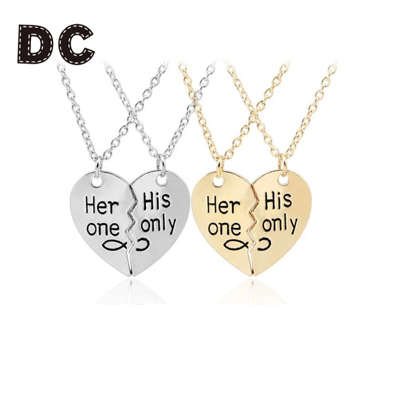 DC ее один его только пара кулон цепочки и ожерелья Мода 2 шт. разбитое сердце