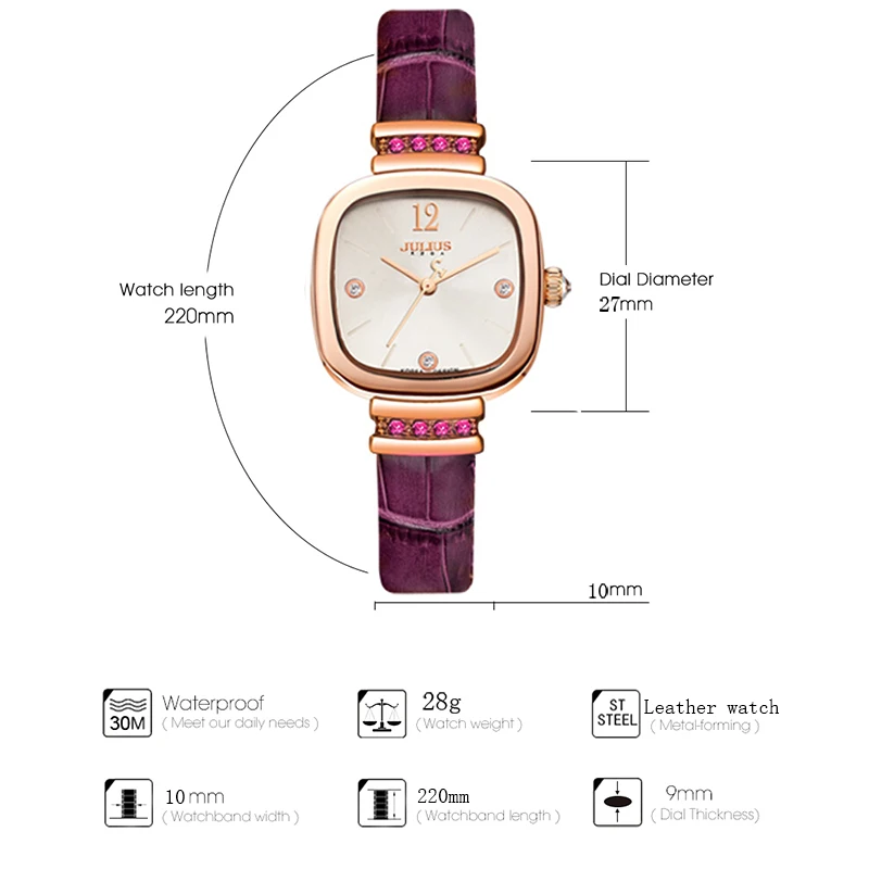 Классические женские часы Julius из черной кожи винтажные квадратные кварцевые