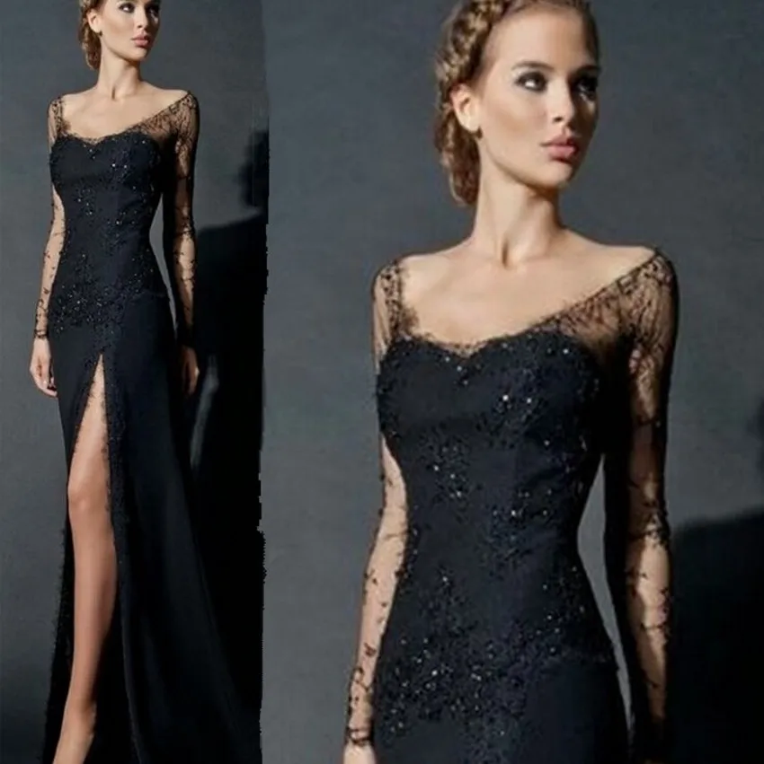 

Sexy High Side Slit A-line Evening Dress Decorated with Appliques Lace and Beading for Formal Evening Proms